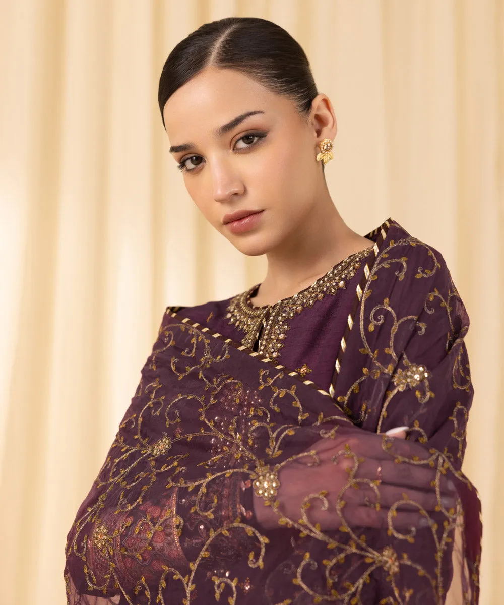 3 Piece -  Embroidered Raw Silk Suit