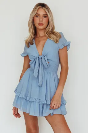 Anthea Bow-Tie Short Sleeve Frill Dress Cerulean