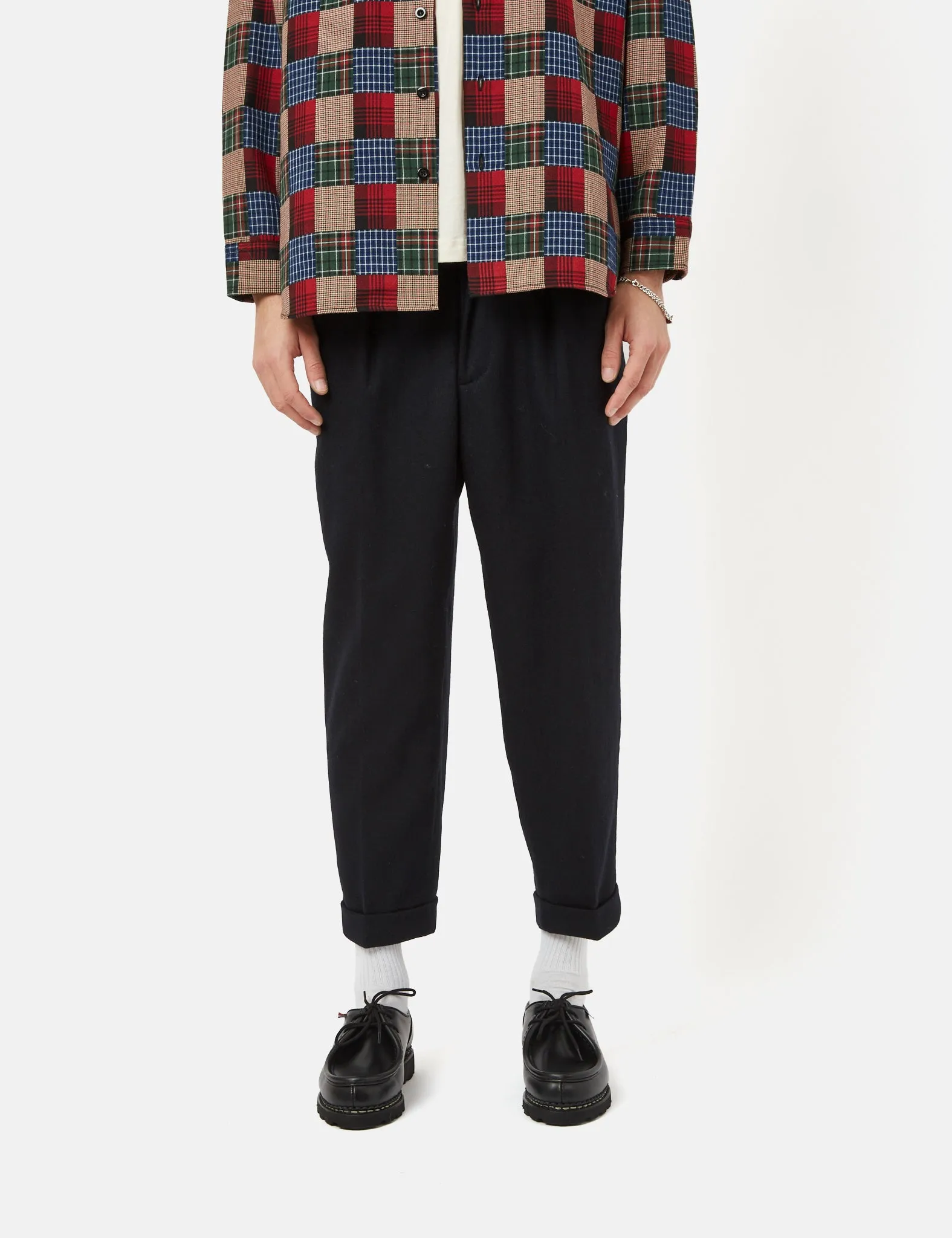 Beams Plus 2 Pleat Flannel Trousers - Navy Blue