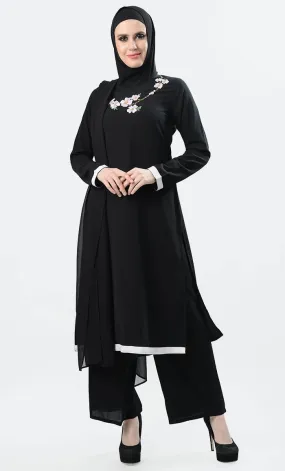 Embroidred Floral 3Pc Suit Set - Black