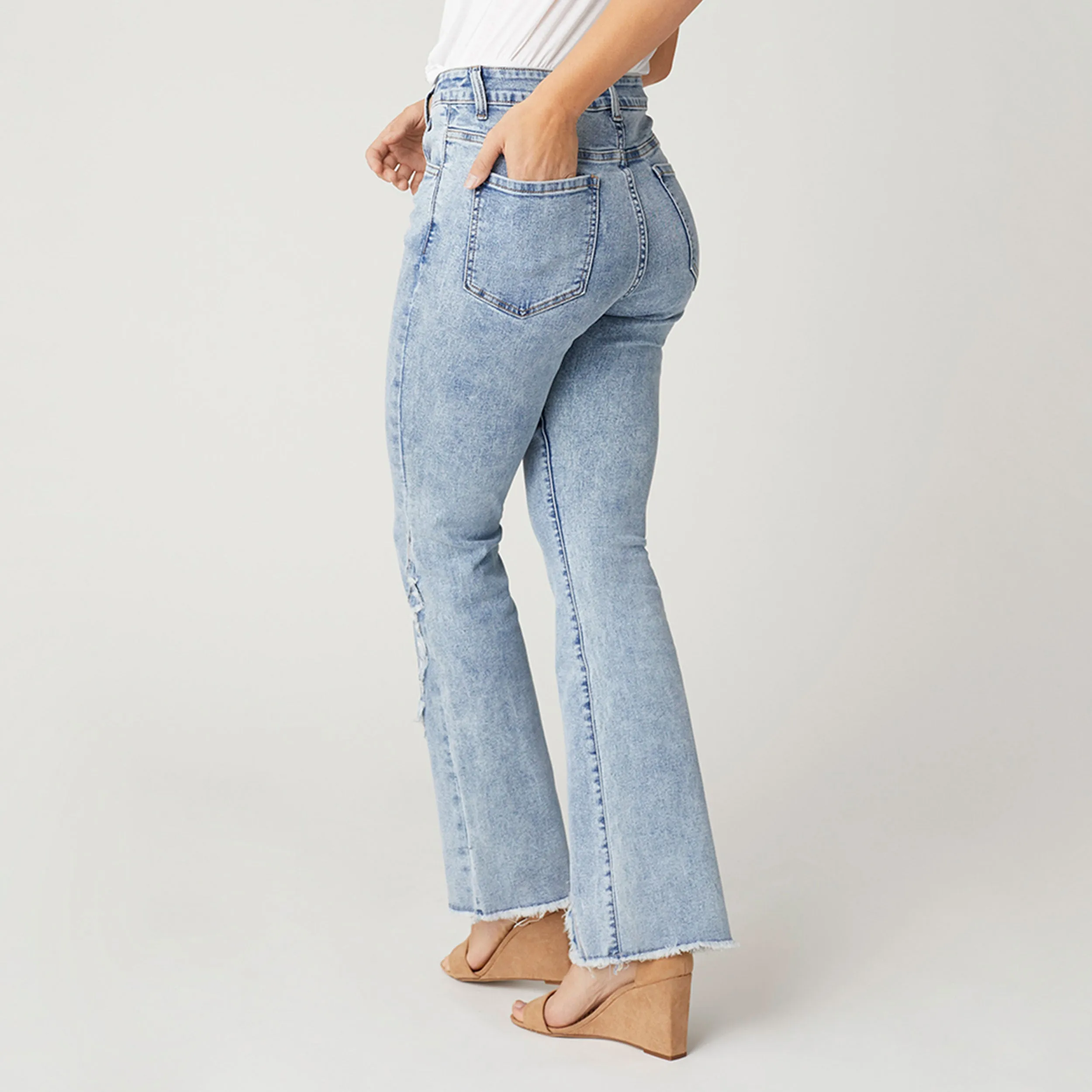 EverStretch Flare Jeans with Crossover Fringe - Light Denim