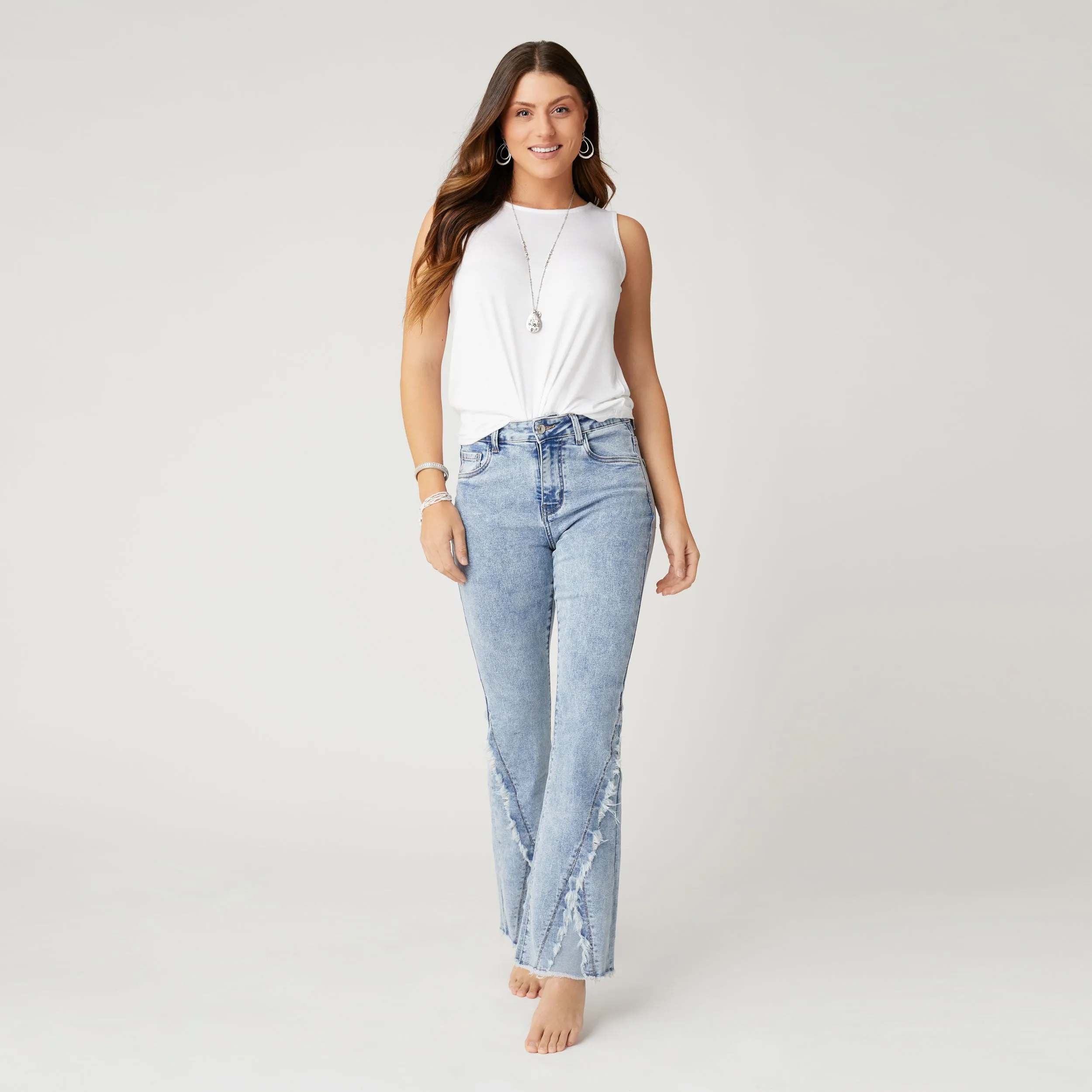 EverStretch Flare Jeans with Crossover Fringe - Light Denim