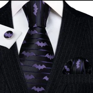 Purple and Black Bat Italian Silk Necktie Set