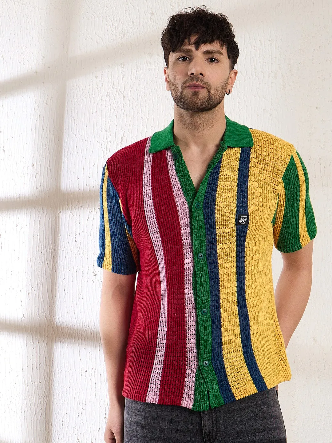 Technicolour Striped Crochet Shirt